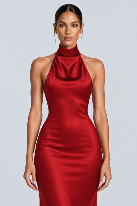 Oriane High-Neck Chain-Back Satin Maxi Dress - Red_-_selmori.com_-_07