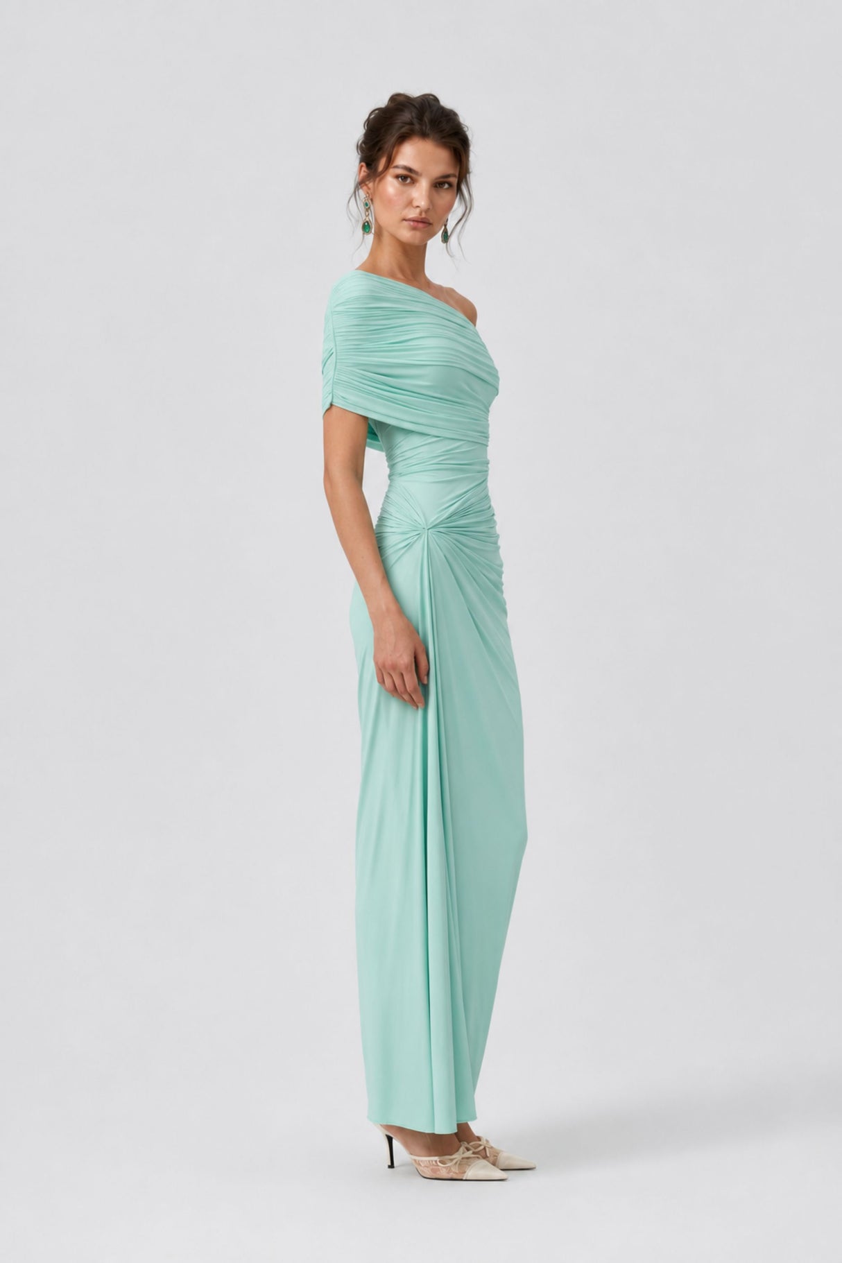 Osmanthe Asymmetrical Ruched Tulle Maxi Dress / Green