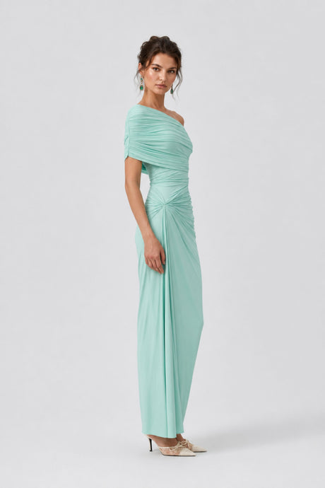 Osmanthe Asymmetrical Ruched Tulle Maxi Dress / Green