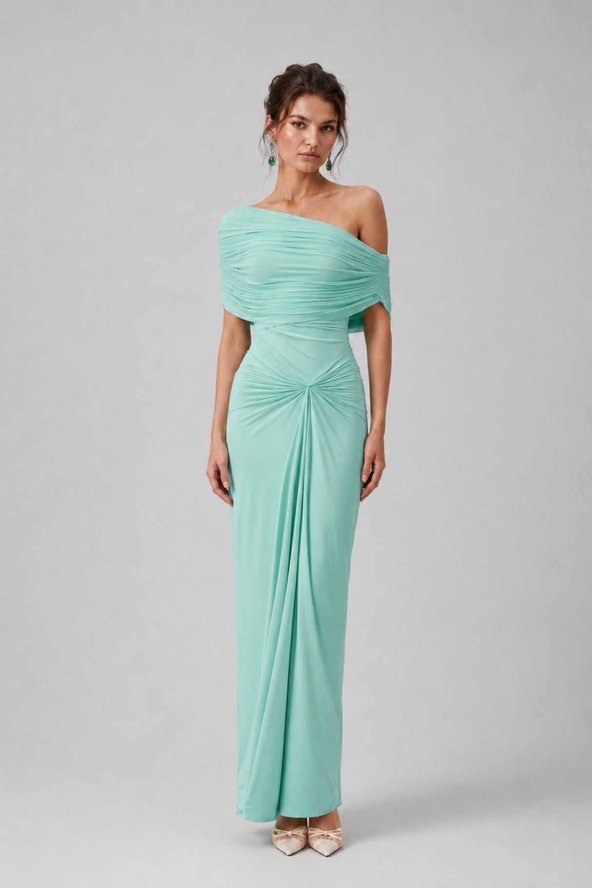 Osmanthe Asymmetrical Ruched Tulle Maxi Dress / Green
