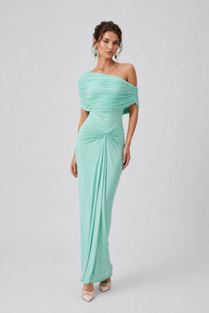 Osmanthe Asymmetrical Ruched Tulle Maxi Dress / Green