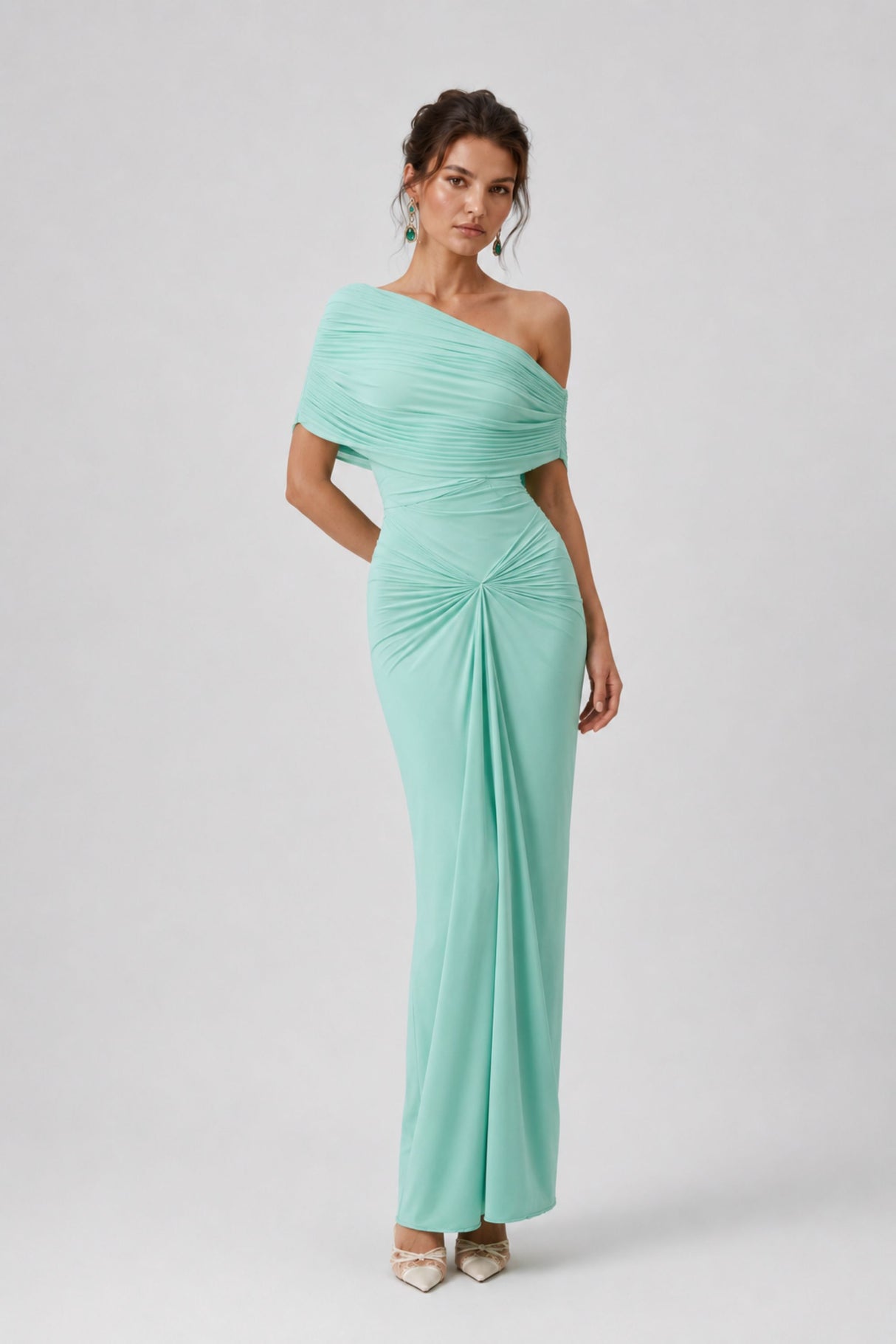 Osmanthe Asymmetrical Ruched Tulle Maxi Dress / Green