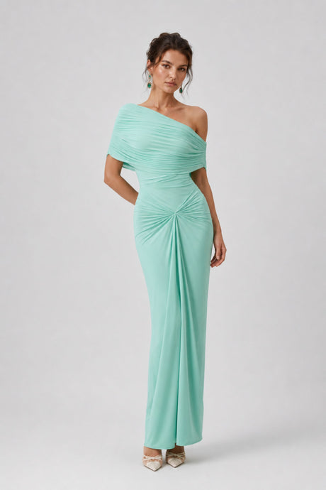 Osmanthe Asymmetrical Ruched Tulle Maxi Dress / Green