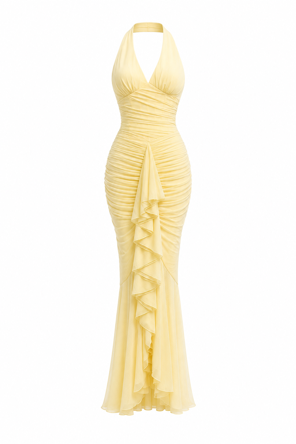 Pépite Butter Yellow Halterneck Ruched Maxi Dress