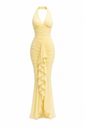 Pépite Butter Yellow Halterneck Ruched Maxi Dress