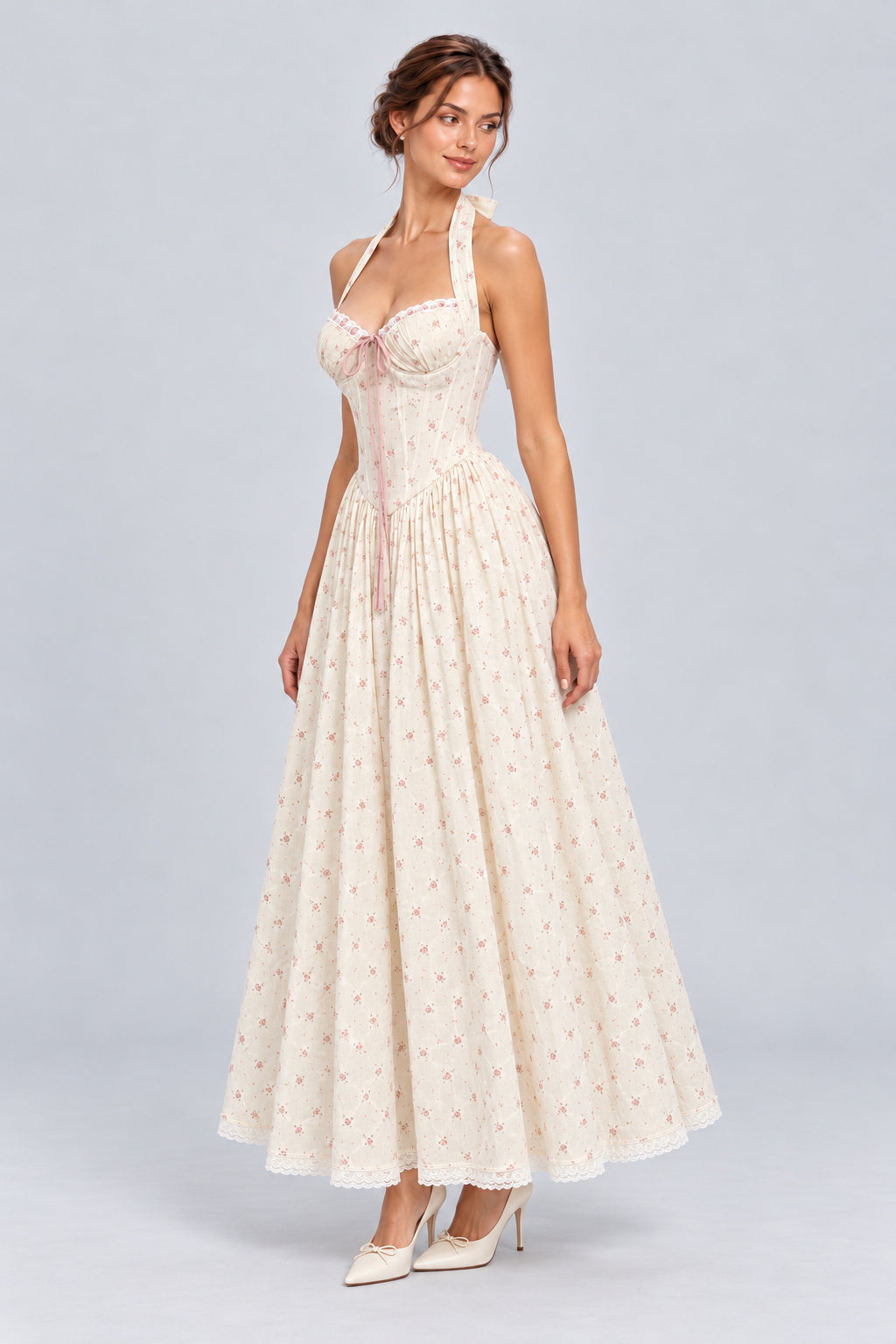 Rosamira Floral Halter Corset Maxi Dress - White_-_selmori.com_-_05