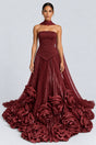 Roseline Strapless Pleated Rosette Maxi Dress with Scarf - Burgundy_-_selmori.com_-_01