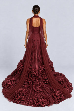 Roseline Strapless Pleated Rosette Maxi Dress with Scarf - Burgundy_-_selmori.com_-_02