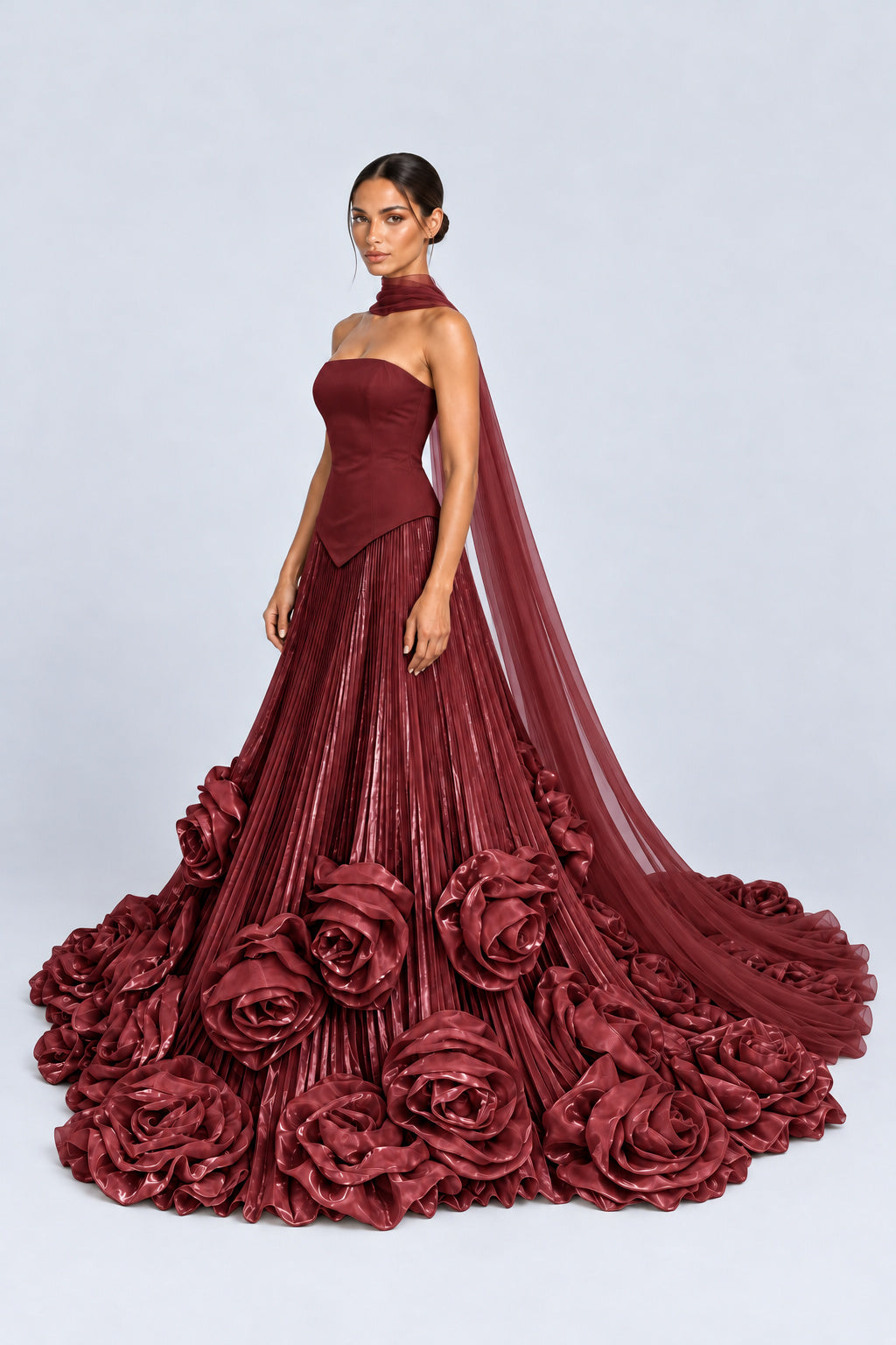 Roseline Strapless Pleated Rosette Maxi Dress with Scarf - Burgundy_-_selmori.com_-_05