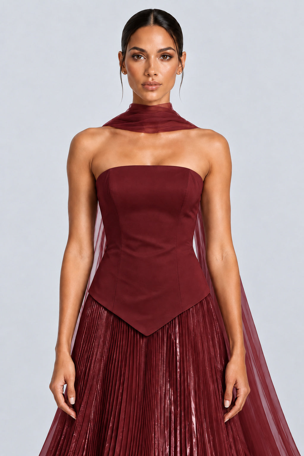 Roseline Strapless Pleated Rosette Maxi Dress with Scarf - Burgundy_-_selmori.com_-_07