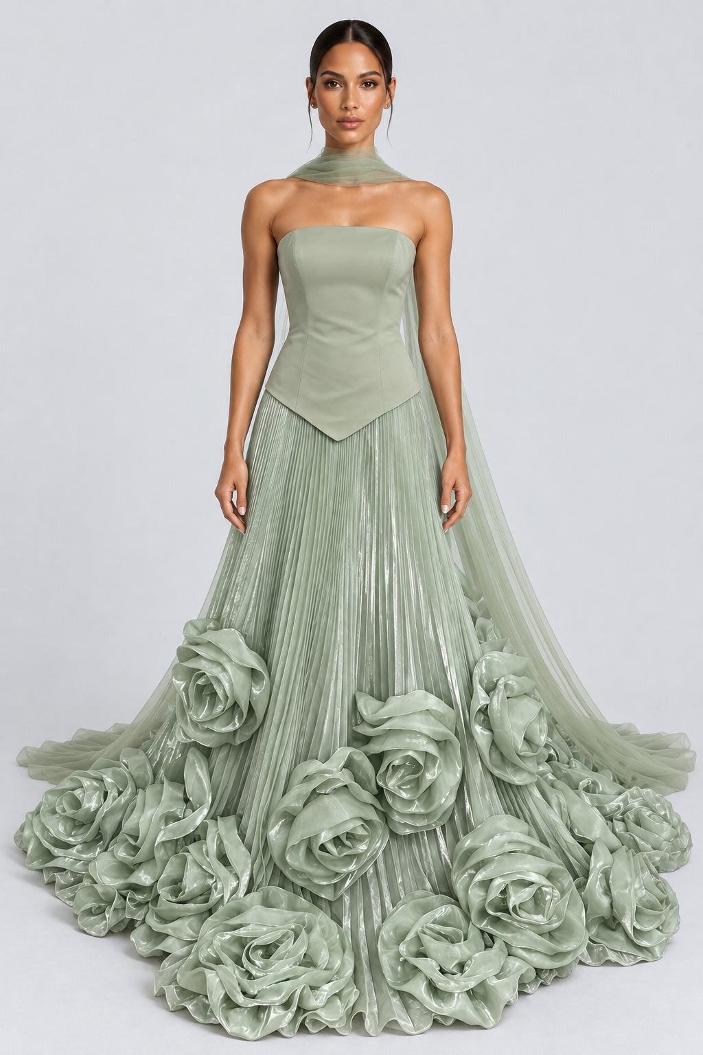 Roseline Strapless Pleated Rosette Maxi Dress with Scarf - Green_-_selmori.com_-_01