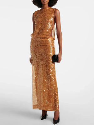 Selmori Maud Sequin Side Cut-out Maxi Dress Orange