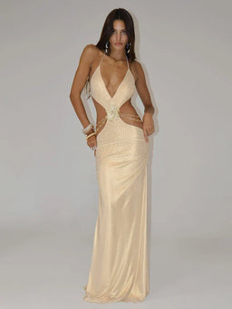 Selmori Roxane Satin Halter Neck Cutout Maxi Dress Gold