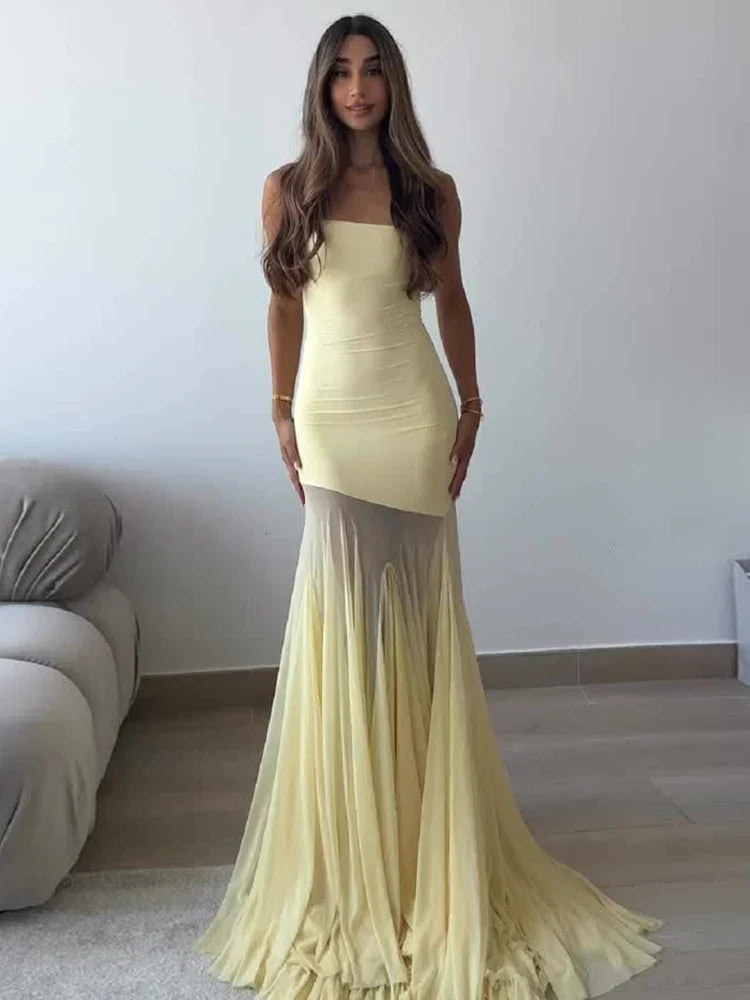 Selmori Aimée Strapless Mesh Tulle Maxi Dress Yellow