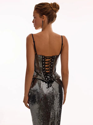Selmori Lison Metallic Sequin Corset Strap Maxi Dress
