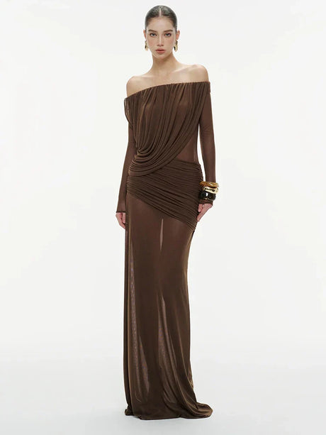 Selmori Apolline Off-Shoulder Draped Evening Maxi Dress Dark Brown