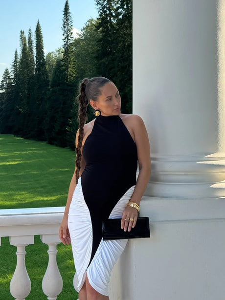 Selmori Laurette Halter Ruched Midi Dress