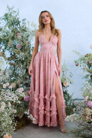 Opéra Floral Plunge Slit Maxi Dress