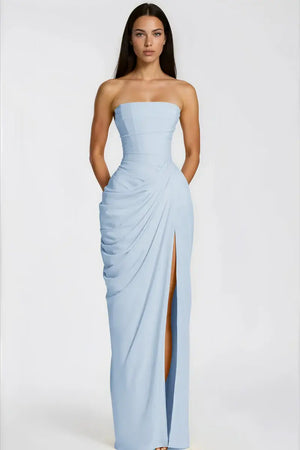 Selmori Azalée Strapless Draped High-Slit Maxi Dress Blue