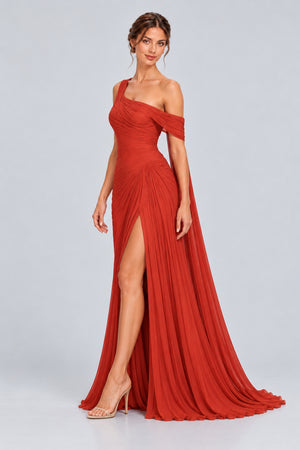 Séravelle Asymmetric Ruched Pleated Maxi Dress with Shoulder Drape - Red_-_selmori.com_-_05