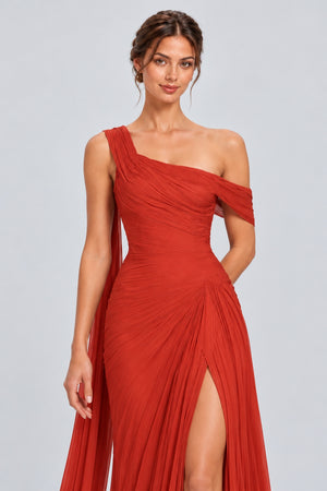 Séravelle Asymmetric Ruched Pleated Maxi Dress with Shoulder Drape - Red_-_selmori.com_-_07