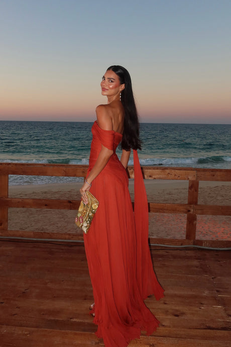 Séravelle Asymmetric Ruched Pleated Maxi Dress with Shoulder Drape - Red_-_selmori.com_-_10