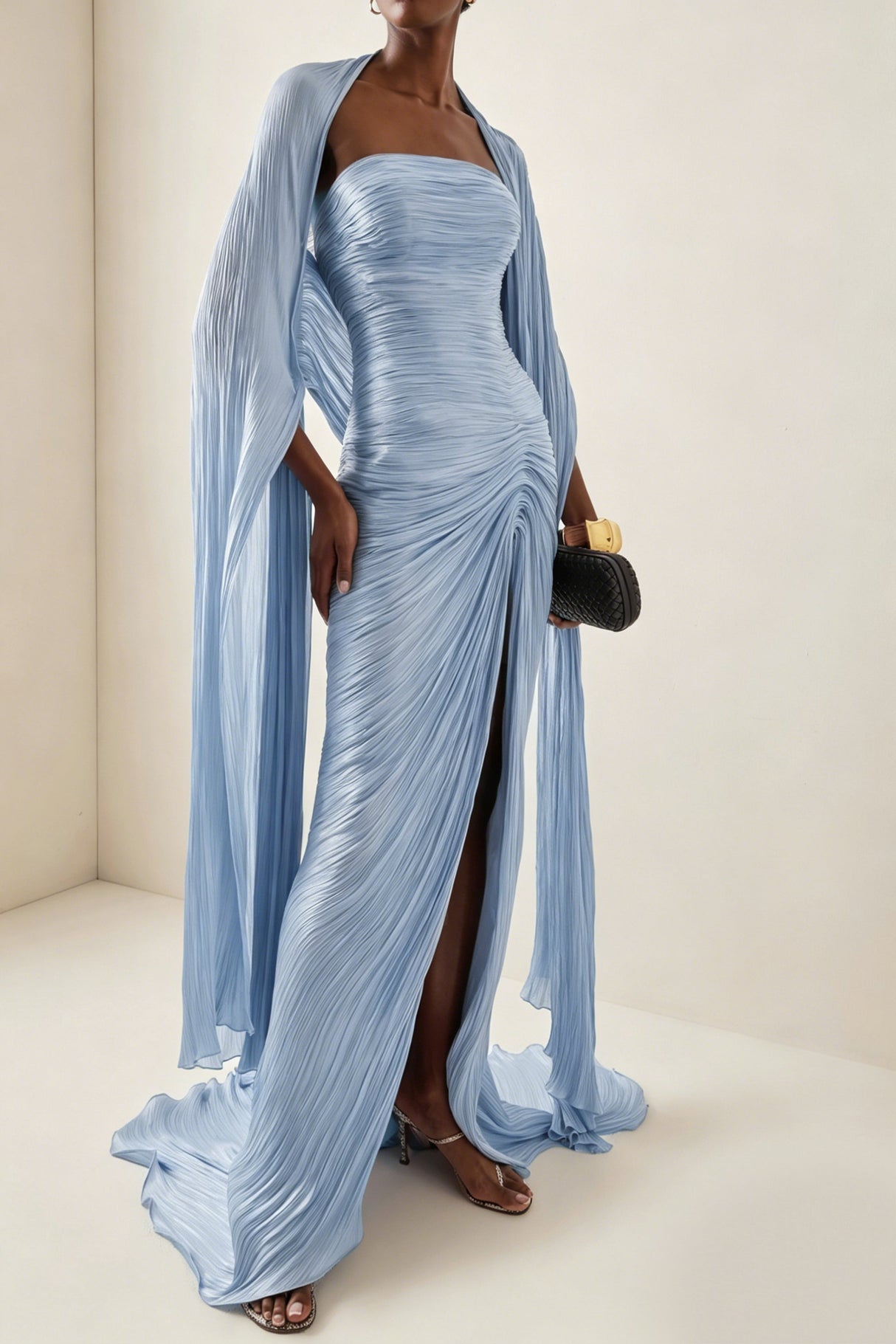 Vandale Strapless High Slit Cape Maxi Dress / Blue