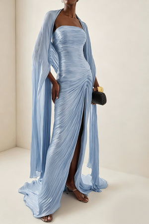 Vandale Strapless High Slit Cape Maxi Dress / Blue