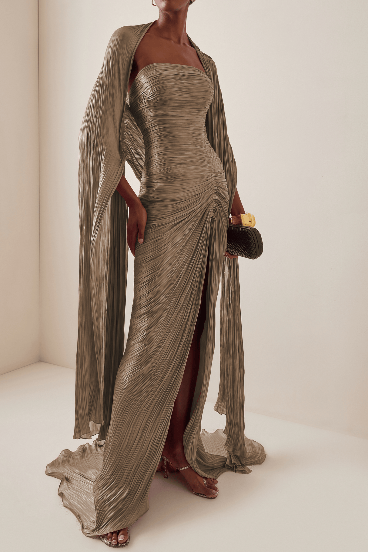 Vandale Strapless High Slit Cape Maxi Dress / Brown
