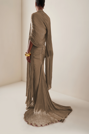 Vandale Strapless High Slit Cape Maxi Dress / Brown
