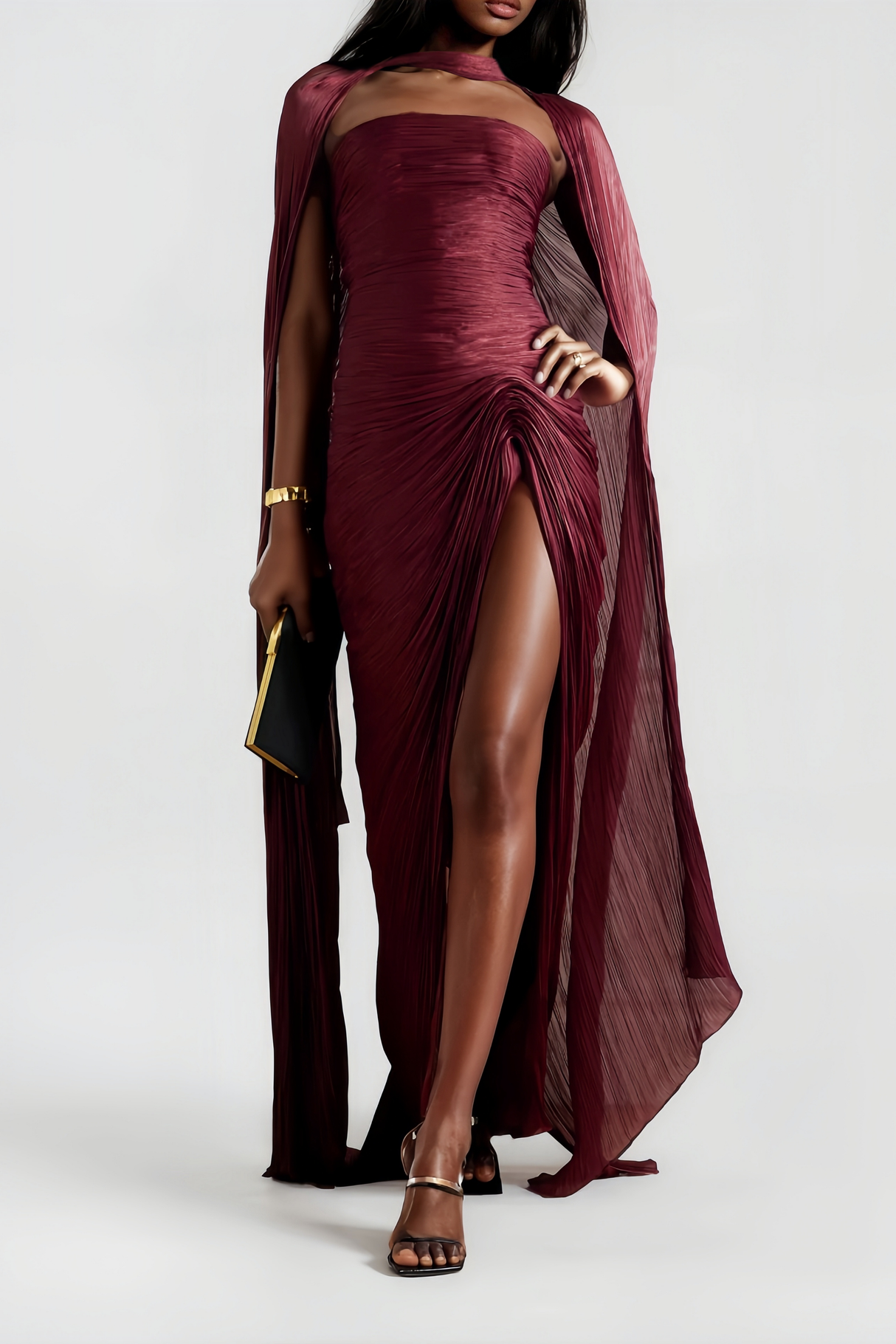 Vandale Strapless High Slit Cape Maxi Dress / Burgundy