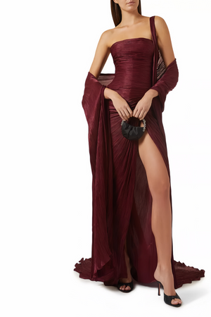 Vandale Strapless High Slit Cape Maxi Dress / Burgundy