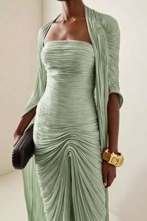 Vandale Strapless High Slit Cape Maxi Dress / Green