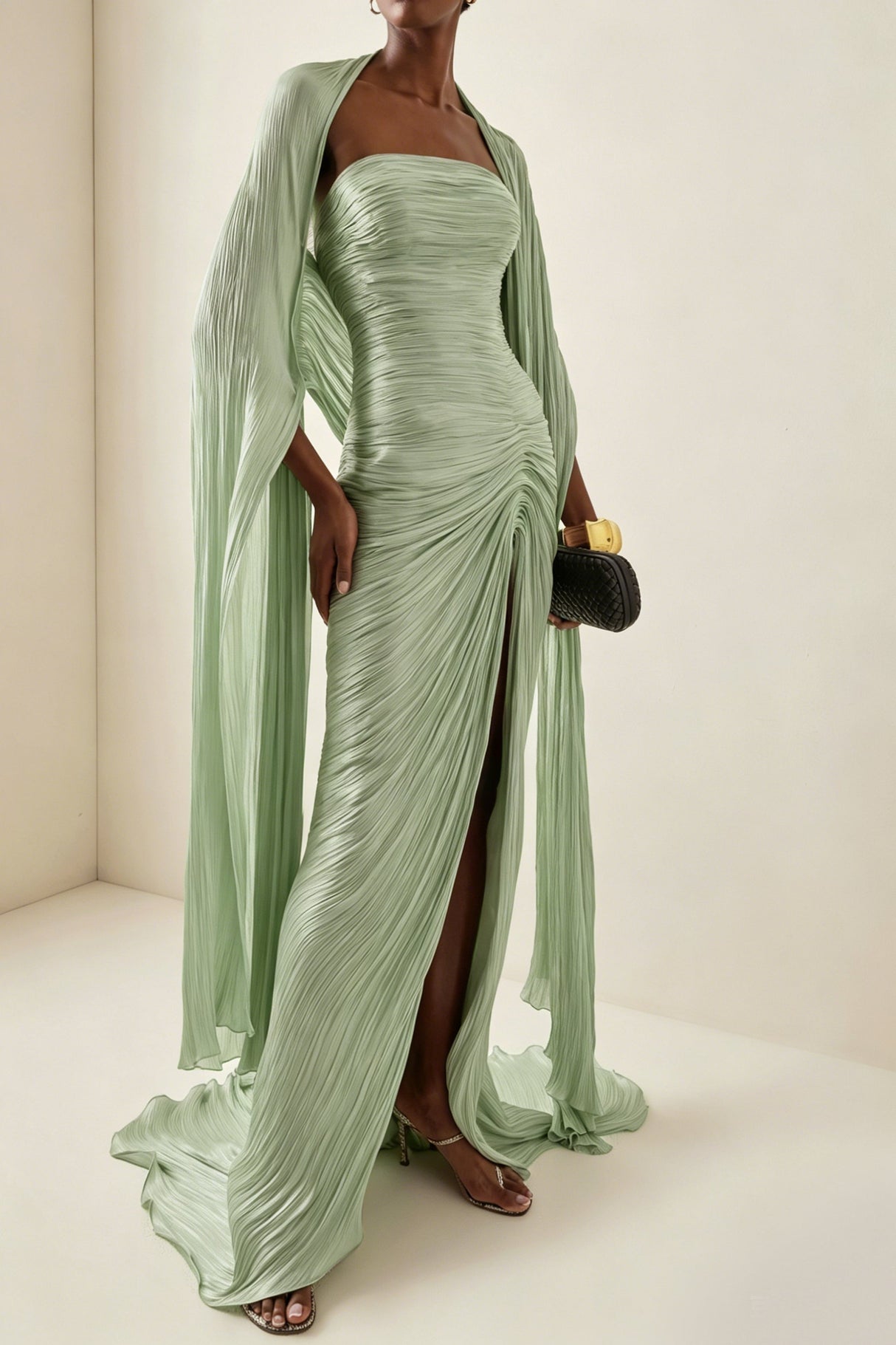 Vandale Strapless High Slit Cape Maxi Dress / Green
