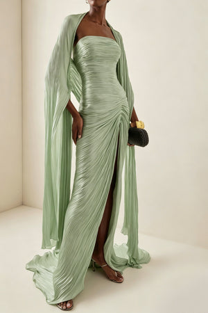 Vandale Strapless High Slit Cape Maxi Dress / Green