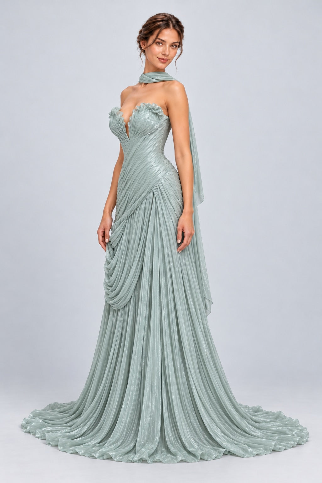 Sylviane Strapless Pleated Slit Maxi Dress with Neck Sash - Green_-_selmori.com_-_05