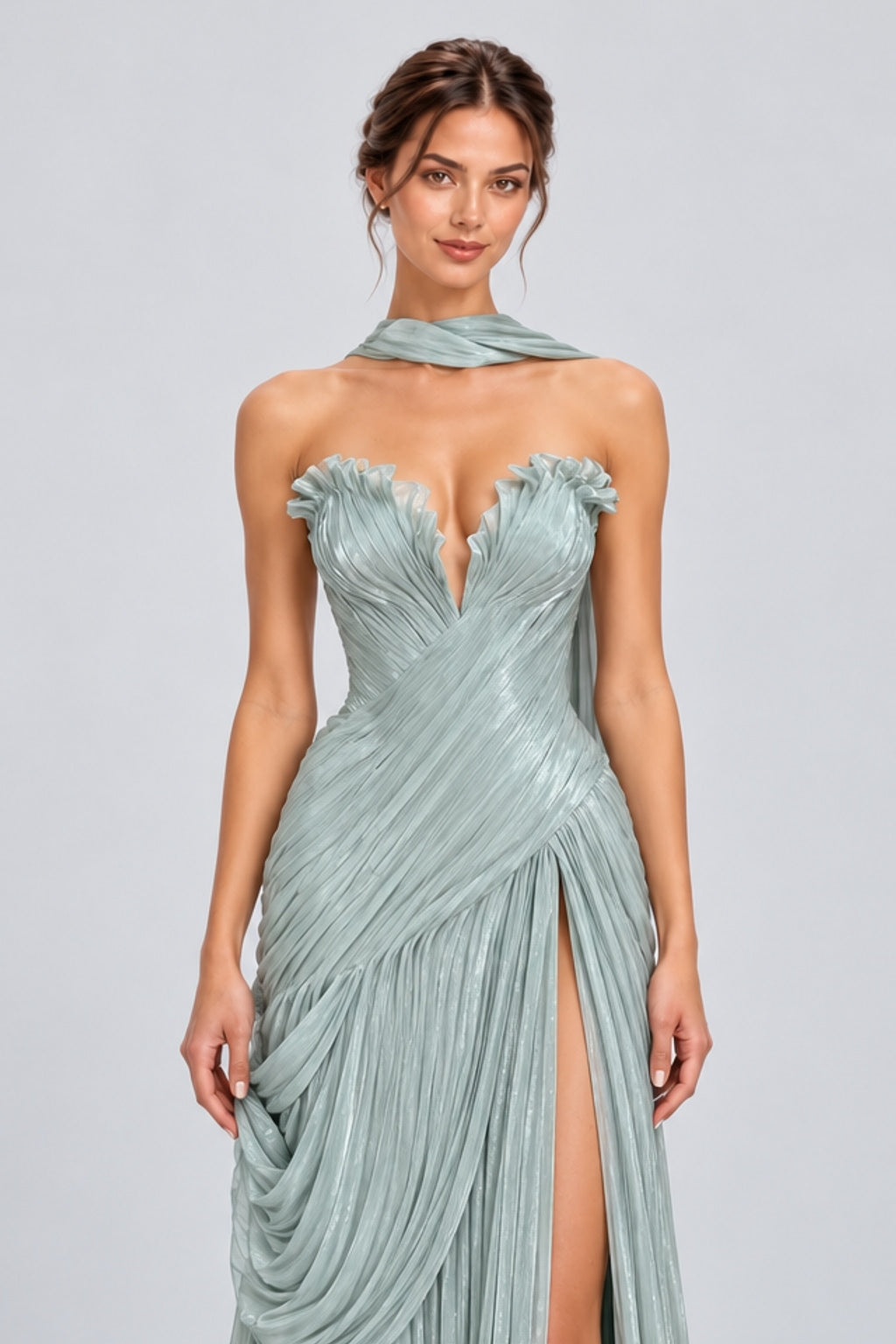 Sylviane Strapless Pleated Slit Maxi Dress with Neck Sash - Green_-_selmori.com_-_07