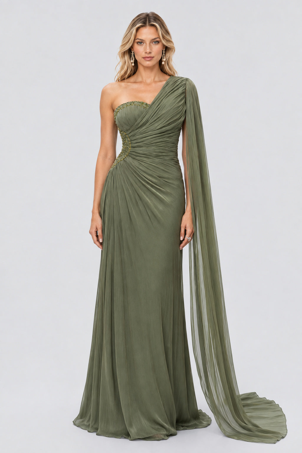 Tiphaine One Shoulder Ruched Maxi Dress - Green_-_selmori.com_-_01