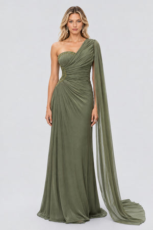 Tiphaine One Shoulder Ruched Maxi Dress - Green_-_selmori.com_-_01