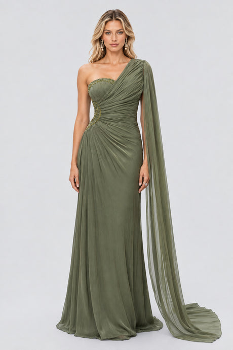 Tiphaine One Shoulder Ruched Maxi Dress - Green_-_selmori.com_-_01