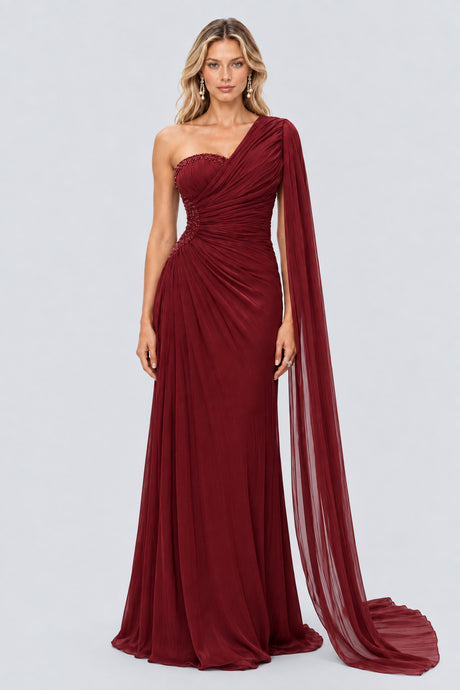 Tiphaine One Shoulder Ruched Maxi Dress - Red_-_selmori.com_-_01