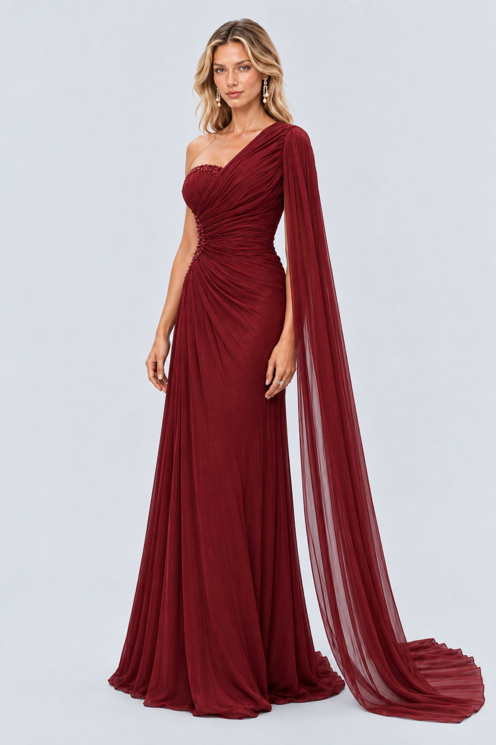 Tiphaine One Shoulder Ruched Maxi Dress - Red_-_selmori.com_-_05