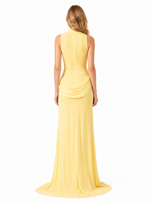 Vague Yellow Halter Draped Waist Slit Maxi Dress