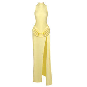 Vague Yellow Halter Draped Waist Slit Maxi Dress