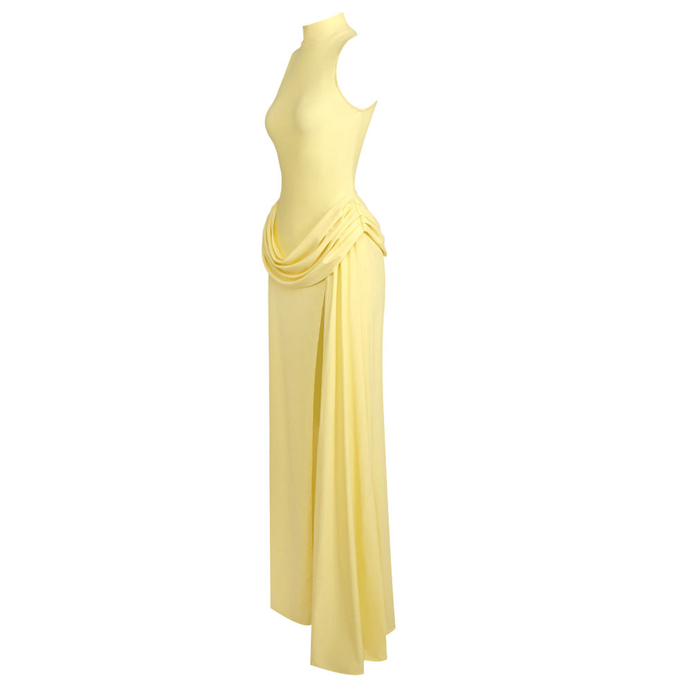 Vague Yellow Halter Draped Waist Slit Maxi Dress