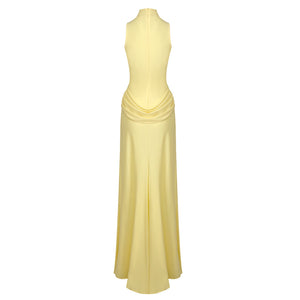 Vague Yellow Halter Draped Waist Slit Maxi Dress