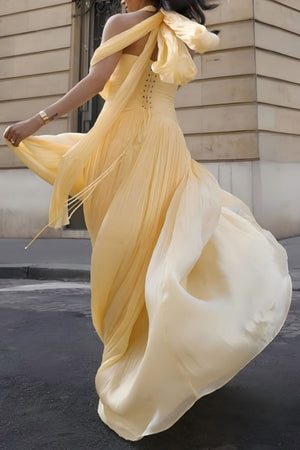 Verdelune Halter Pleated Slit Maxi Dress