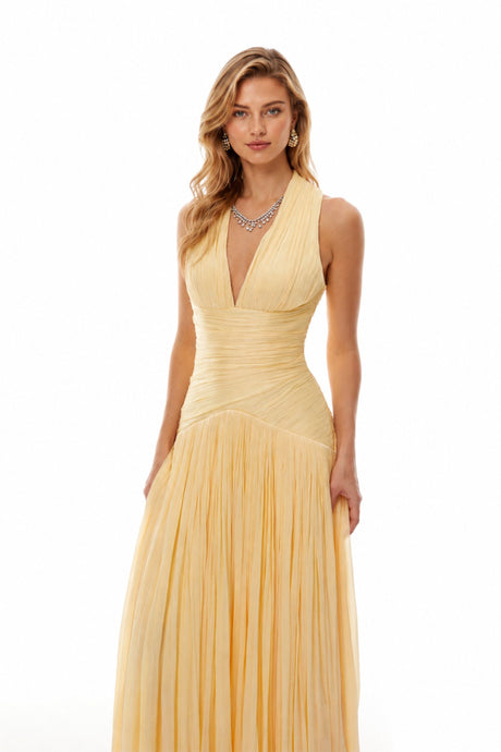 Verdelune Halter Pleated Slit Maxi Dress / Yellow