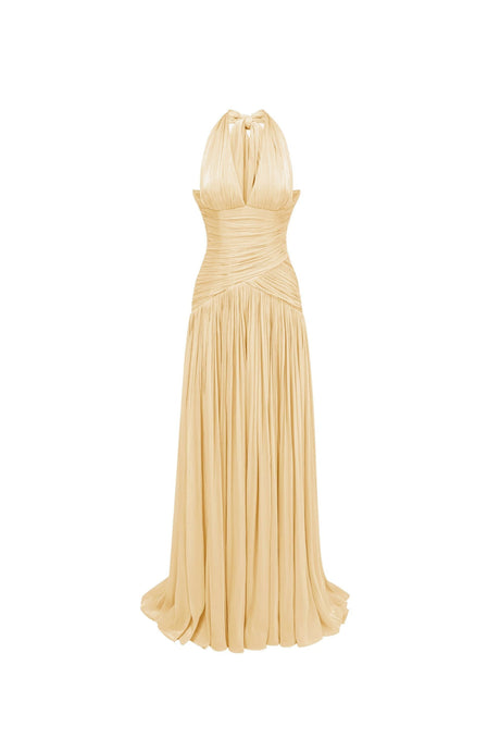 Verdelune Halter Pleated Slit Maxi Dress / Yellow