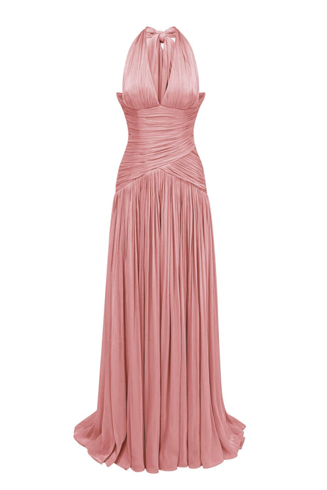 Verdelune Halter Pleated Slit Maxi Dress
